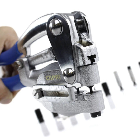 16 Piece Metal Hole Punch Kit For Sheet Metal With Puncher Built For Pros in hand, showcasing puncher and punch sizes.