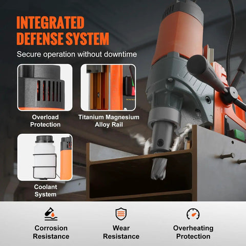 Heavy Duty Magnetic Drill Press Featuring Killer 1450W Copper Motor And Rock Solid 2810 LB Anchor On Steel Plates With 11 Pro Gear Core Bits For Zero Sweat Metal Drilling with integrated defense system and coolant.