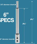 Front view of Fulton 6 and 10 inch Forstner bit extension set; heavy steel shaft with 3/8 and 25/32 inch shanks