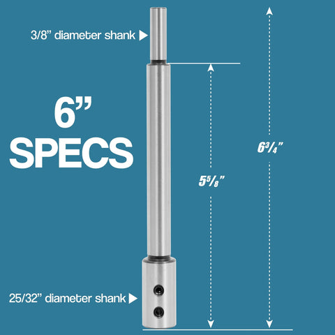 Front view of Fulton 6 and 10 inch Forstner bit extension set; heavy steel shaft with 3/8 and 25/32 inch shanks