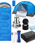 Grab And Go All In One 11 Piece Camping Gear Set For One To Two People Including Tent Sleeping Bag Stainless Steel Mess Kit Waterproof Tarp And More For Backpacking Road Trips Beach Backyard Fun And Family Campouts with blue tent and sleeping bag.