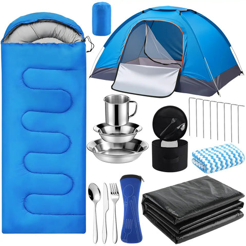Grab And Go All In One 11 Piece Camping Gear Set For One To Two People Including Tent Sleeping Bag Stainless Steel Mess Kit Waterproof Tarp And More 