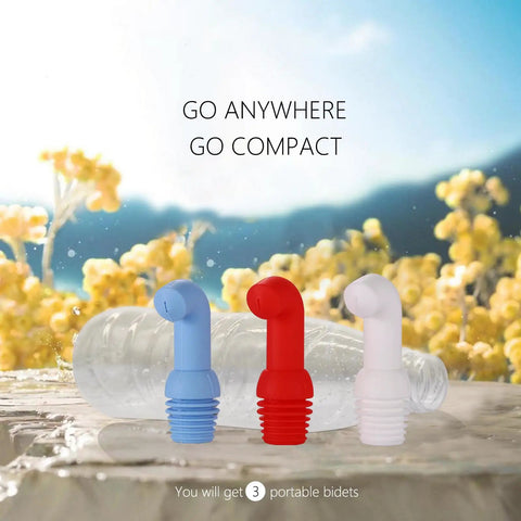 Three Pack Portable Bidet For Toilet And Travel On The Go, Ultra Lightweight Shattaf Bidet Sprayer For Hiking And Camping, Bottle Compatible, Easy Squeeze Water Flow Control, Ideal For Outdoor Travel with three colors against a nature backdrop