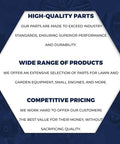 Hexagon with text: High-Quality Parts, Wide Range of Products, Competitive Pricing. Description of performance, selection, and value focus.
