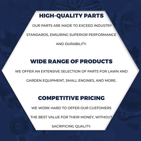 Hexagon with text: High-Quality Parts, Wide Range of Products, Competitive Pricing. Description of performance, selection, and value focus.