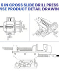 Top Shelf Heavy Duty Cast Iron Cross Slide Drill Press Vise Featuring Knockout Precision Slides and a beefy design, detailed drawing view.