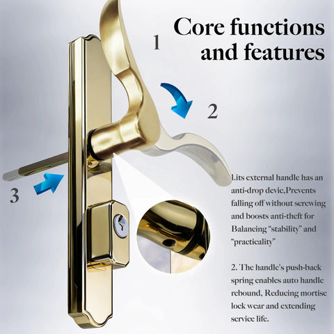 Tough As Nails Brass Storm And Screen Door Handle Set With Solid Lock And Key Featuring A Reversible Latch Design.