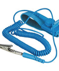 Blue adjustable anti static wrist strap for ESD grounding with coiled cord and metal clip, lightweight and flexible for electronics work.
