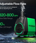 VIVOSUN 800GPH submersible pond pump, black body with green side panel, front view