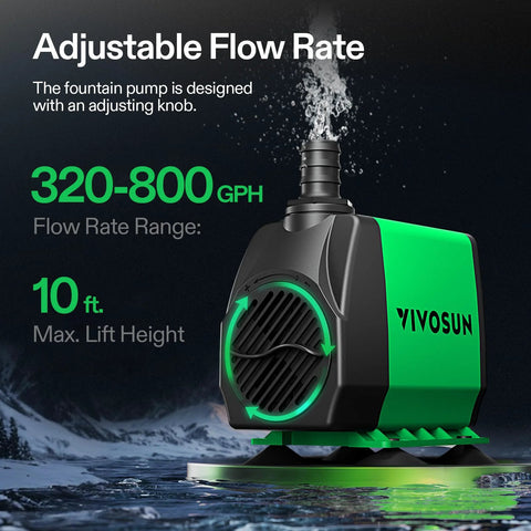 VIVOSUN 800GPH submersible pond pump, black body with green side panel, front view