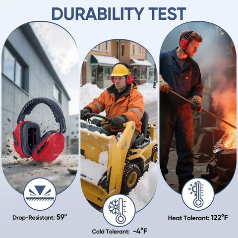 Adult Noise Canceling Earmuffs With 26dB NRR For Hearing Protection, shown in durability test for drop, cold, and heat tolerance.