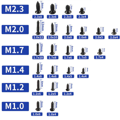 1560 Pieces Black Flat Head Self Tapping Screws Set for Woodworking and Electronics, assorted sizes in M1-M2.3 shown
