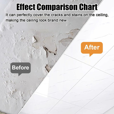 Effect comparison chart showing before and after installation of Top Grade Glossy White Peel And Stick Ceiling Tiles.