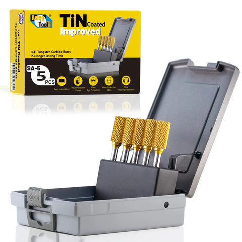 Five Piece Tungsten Carbide Burr Set TiN Coated Double Cut Cylindrical For Die Grinder Bits in gray carrying case