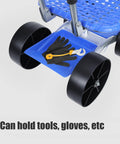 Close-up of storage shelf with tools on Rolling Garden Stool With 360 Degree Swivel, Foldable Garden Seat On Flat-Wheeled Cart.