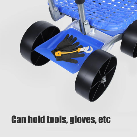 Close-up of storage shelf with tools on Rolling Garden Stool With 360 Degree Swivel, Foldable Garden Seat On Flat-Wheeled Cart.