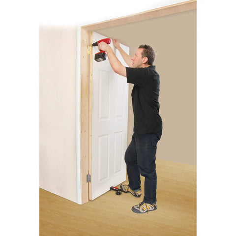 Man using Swivel Type Door And Board Lifter With Hands Free Foot Operated Lift For Doors Panels And Plasterboard Pro Grade