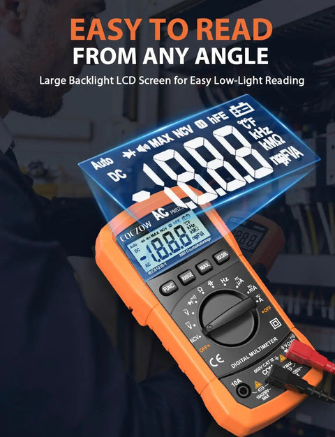 High Sensitivity Digital Multimeter Tester with large backlight LCD, showing measurements, ideal for DIY electronics.