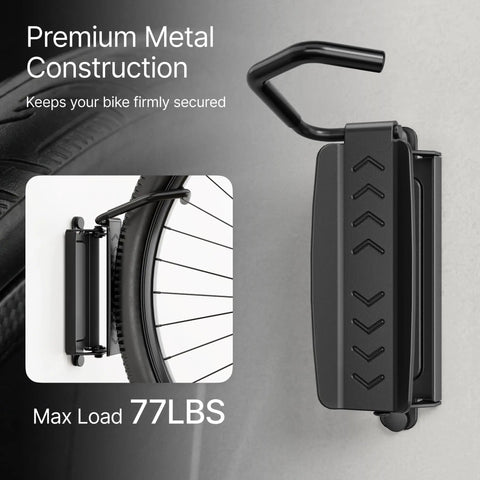 Four Pack Heavy Duty Bike Wall Mounts With Swivel Hangers, Holds Up To 77 Lbs Each, premium metal construction close-up view.