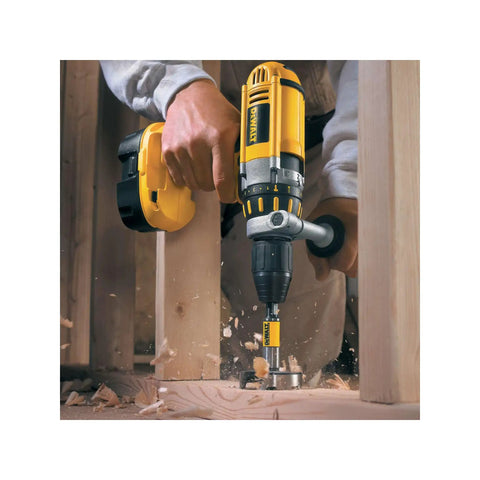 Workhorse Self Feed Spade Drill Bit For Tough Job Sites And 28 Millimeter Aggressive Cutters With Lockdown Shank And Lightning Fast Wood Piercing Performance Built For Cordless And Wired Power Drills in action drilling wood.