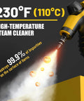 Close-up of pressurized handheld steam cleaner releasing 230F hot steam, 99.9% impurity destruction highlighted.