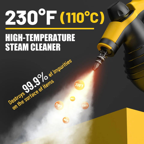 Close-up of pressurized handheld steam cleaner releasing 230F hot steam, 99.9% impurity destruction highlighted.
