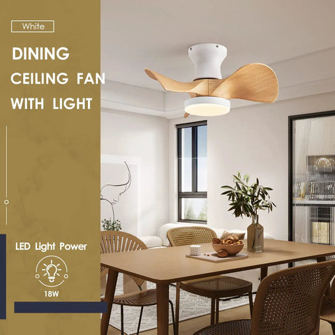 Compact 20 Inch Ceiling Fan With Light And Remote Whisper Quiet DC Motor Farmhouse Vibe Flush Mount Three Reversible Blades Ideal For Kitchen Dining Room Bedroom Office installed above a dining table in a modern room.