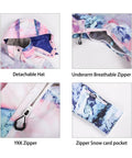 Womens Ski Jacket And Pants Snowsuit Waterproof Insulated Winter Warm Snow Gear Set details of detachable hat, breathable zipper, YKK zipper