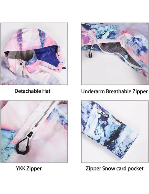 Womens Ski Jacket And Pants Snowsuit Waterproof Insulated Winter Warm Snow Gear Set details of detachable hat, breathable zipper, YKK zipper