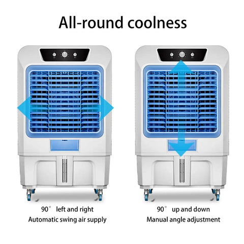 Heavy Duty Commercial Grade Jumbo Windowless Evaporative Air Cooler With Eight Ice Packs Ninety Degree Swivel Oscillation showing air supply adjustments.