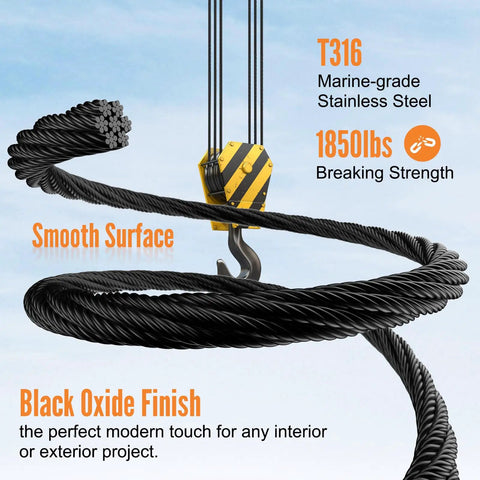 500 Ft Black Stainless Steel Cable Sleek Dope Look One Eighth Inch T316 Marine Grade Wire Rope Seven By Seven Strand For Deck Railing And Balustrades With 1850 Lb Breaking Strength Aircraft Cable For Indoor Outdoor Use showing black oxide finish and smooth surface.