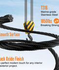 Black Stainless Steel Aircraft Cable Five Hundred Feet One Eighth Inch With Cutter T316 Marine Grade Wire Rope Seven By Seven Strand One Thousand Eight Hundred Fifty Pounds Breaking Strength coiled with crane hook detail