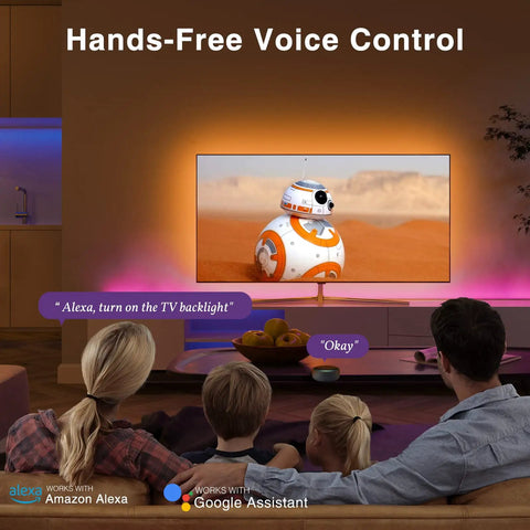 Family using 9.2ft Smart TV Backlight LED Strip with 16 Million RGB Colors Dimmable App Control Works with Alexa and Google Assistant Music Sync Perfect for 30 to 60 Inch TVs and PC Lit Ambient Lighting.
