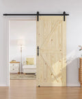 36 Inch By 80 Inch Sliding Barn Wood Door Pre Drilled Ready To Assemble Unfinished Solid Spruce Panel Door installed in living room