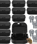 Heavy Duty Small Mouse Bait Stations With Secure Locks For Indoor Or Outdoor Pest Control And Discreet Rat And Mouse Bait Block Holders In A Practical 12 Pack Bundle To Kick Those Nasty Critters Out showing 12 black bait stations and 6 keys.