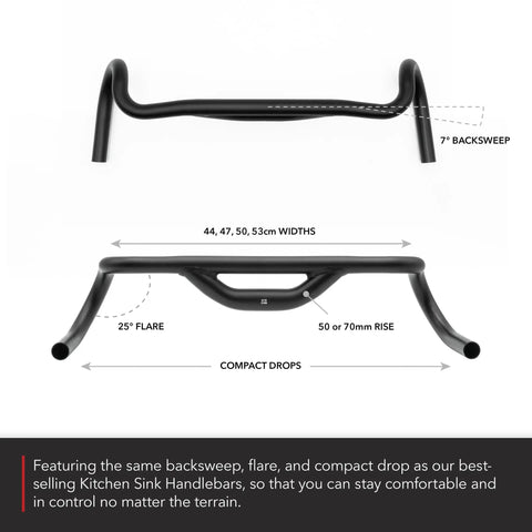 Top Shelf Aluminum Drop Bar With 50 Or 70mm Rise And 44cm Width For Road, Gravel, Touring, And Commuter Bikes Ultra Comfy Upright Position Easy Reach To Drops Flare Backsweep, displaying 7° backsweep and 25° flare.