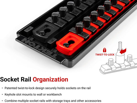 Three Eighths Inch Drive Hex Bit Socket Set With Rails And Tray Nineteen Piece Inch And Metric Sockets, twist-to-lock rail system