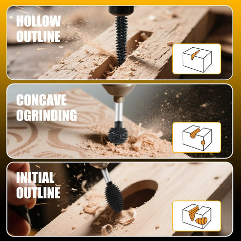 CAELUM 3-piece rotary burr set with 1/8 shank for woodworking; hollow-outline, concave-grinding burrs.