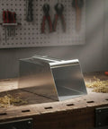 Stainless Steel Dustpan And Grain Scooper Rugged Metal Build With Ergonomic Handle For Easy Debris And Grain Cleanup In Workshops Warehouses Farms And Home XL Heavy Duty Must Have For Tough Messes, stainless steel dustpan on workbench