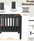 Diagram showing dimensions and components of a 15.7-inch black steel fire pit with fencing and assembly hardware.