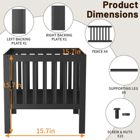 Diagram showing dimensions and components of a 15.7-inch black steel fire pit with fencing and assembly hardware.