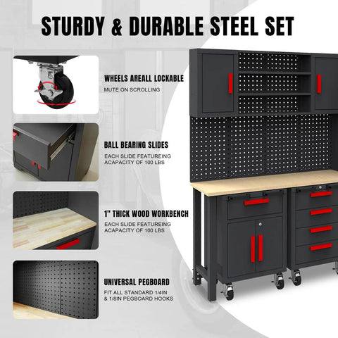 Six Piece Garage Storage Cabinet System With Locking Steel Cabinets Rolling Chest Pegboard Wall Cabinets And Workbench In Black Heavy Duty Workshop Organizer, close-up of steel set features like lockable wheels and pegboard.