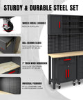 Six Piece Garage Storage System With Heavy Duty Steel Cabinets Drawers Rolling Chest Pegboard And Workbench in Black