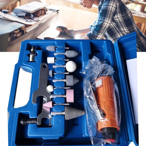 Hardcore Aluminum Air Die Grinder 16 Piece Pneumatic Power Tool Kit With 3mm And 6mm Quick Swap Collets in a blue case with tools.