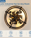 20 Inch Farmhouse Flush Mount Ceiling Fan With Lights And Remote, Industrial Black Cage Fandelier top view