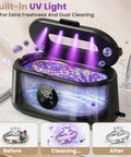 Blast Daily Grime With This Legit Ultrasonic Jewelry Cleaner Using Fifty KHz Waves For Nitty Gritty Cleaning On Rings Eyewear Retainers And Straps Alongside A 420 Ml Tank And Sleek Black Design showing UV light cleaning jewelry in tank.