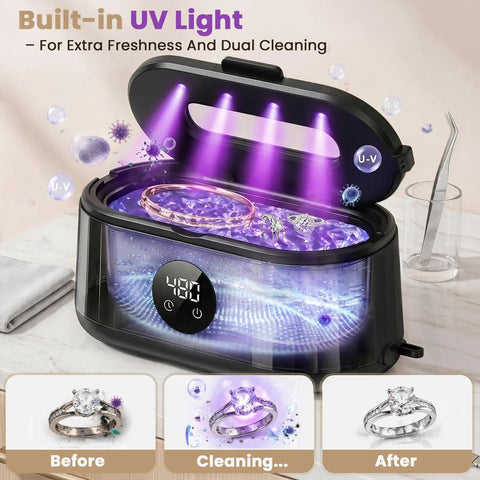 Blast Daily Grime With This Legit Ultrasonic Jewelry Cleaner Using Fifty KHz Waves For Nitty Gritty Cleaning On Rings Eyewear Retainers And Straps Alongside A 420 Ml Tank And Sleek Black Design showing UV light cleaning jewelry in tank.