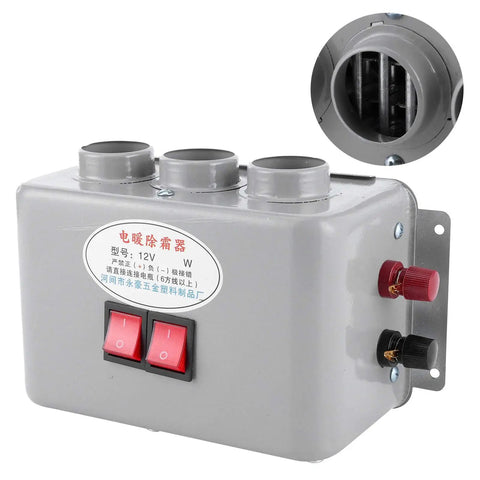 Kick The Winter Chill Fast With Compact 12V Car Heater 400W To 600W Dual Gear Switch triple air outlets in grey housing.