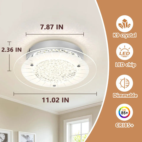 Crystal Ceiling Light Fixture Dimmable LED 11 Inch Flush Mount with K9 crystal and LED chip icons on room ceiling