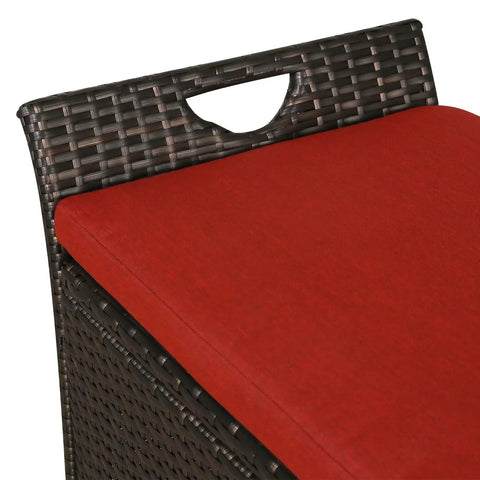 Outdoor Deck Storage Box And Wicker Storage Bench In Red Rattan Storage Chest With Cushion For Patio Garden Weather Resistant
